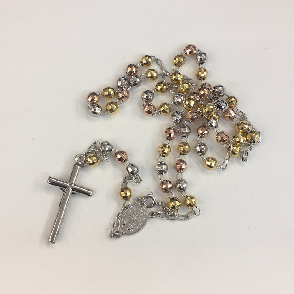 Italian Silver Tri Color Rosary Beads Chain Cross - Picture 8 of 8